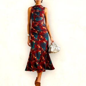 Ulla Johnson Multicolor Abstract Print Midi Dress in Teal, Burgundy, Rust